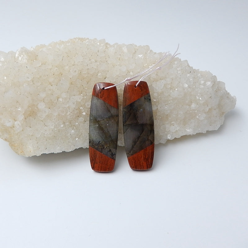 Labradorite And Red River Jasper Glued Gemstone Earrings Pair 42x14x5mm,11.5g - MyGemGarden