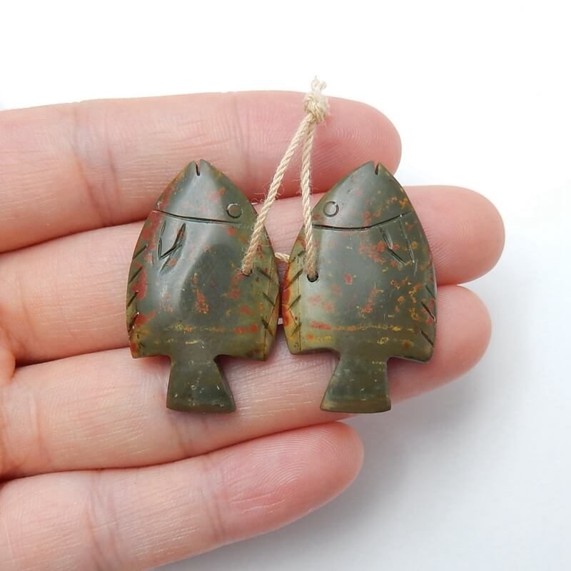 Hot sale Multi-Color Picasso jasper Carved fish Earrings Pair, stone for Earrings making, 32x19x4mm, 7.2g - MyGemGarden