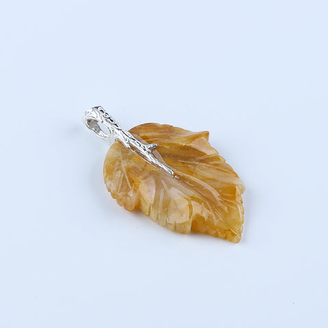 Natural Yellow Jade Carved Leaf Pendant with 925 Sterling Silver Accessory 47x27x6mm, 8.2g