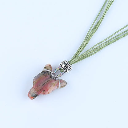 Natural Pink Opal Carved wolf head Pendant Bead with Rope 24mm