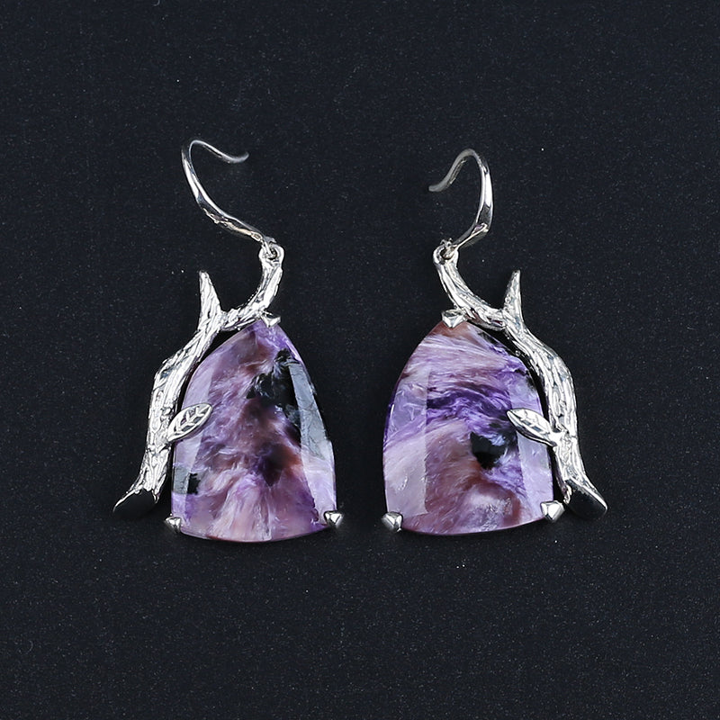 Natural Sugilite Gemstone Earrings with 925 Sterling Silver Accessories 21*16*5mm(stone size), 40*21*6mm, 10.4g