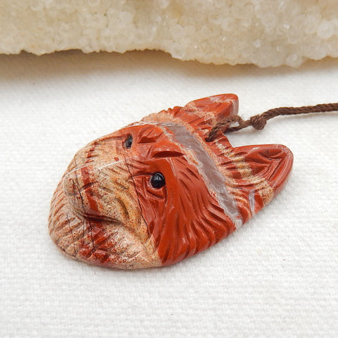 Carved Wolf head Red River Jasper Gemstone Pendant, 39x28x12mm, 14g - MyGemGarden