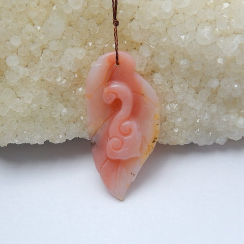 Handmade Pink Opal carved leaf Pendant Bead, 40x20x6mm, 4.6g - MyGemGarden