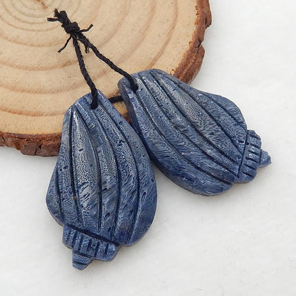 Carved Shell Shaped Blue Coral Earrings Stone Pair, 31x19x5mm, 7.2g