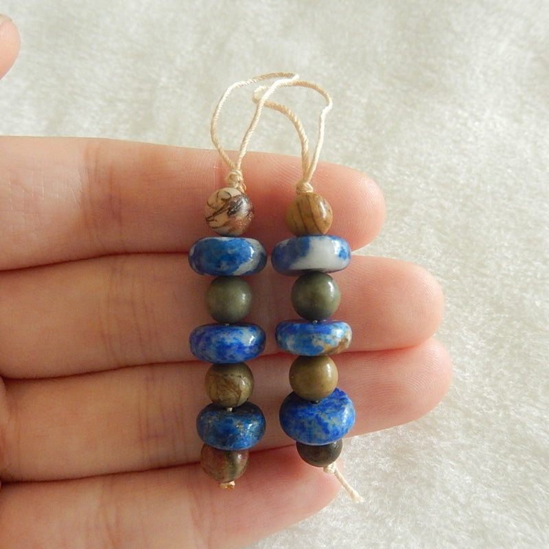 Natural Multi Color Picasso Jasper and Lapis Lazuli Drilled Earrings Pair, 10x5mm,6x6mm,7.3g - MyGemGarden