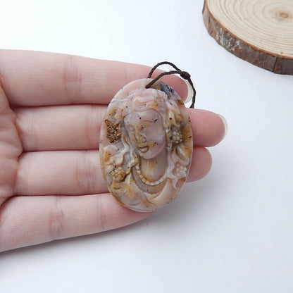 Pink Opal Carved woman Pendant, 45x32x13mm, 16.4g - MyGemGarden