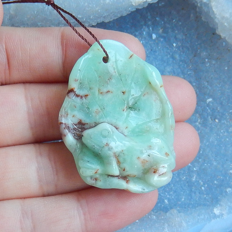 Top quality Chrysoprase Carved Frogs On Lotus Pendant, 40x29x12mm, 11.5g - MyGemGarden