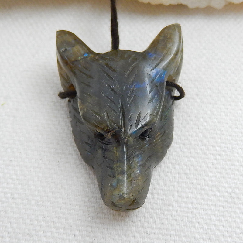 Handmade Labradorite Carved Wolf Head Pendant Bead, 38x26x12mm, 14g - MyGemGarden