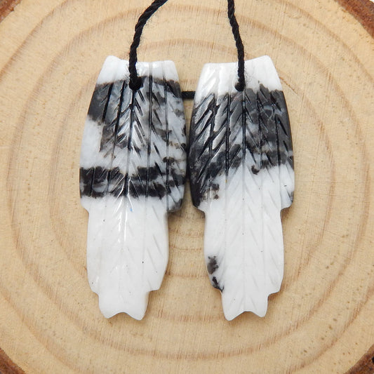 New! Hand Carved White Zebra Jasper Feather Earrings Pair, Natural Stone, 33x13x4mm, 5.9g - MyGemGarden