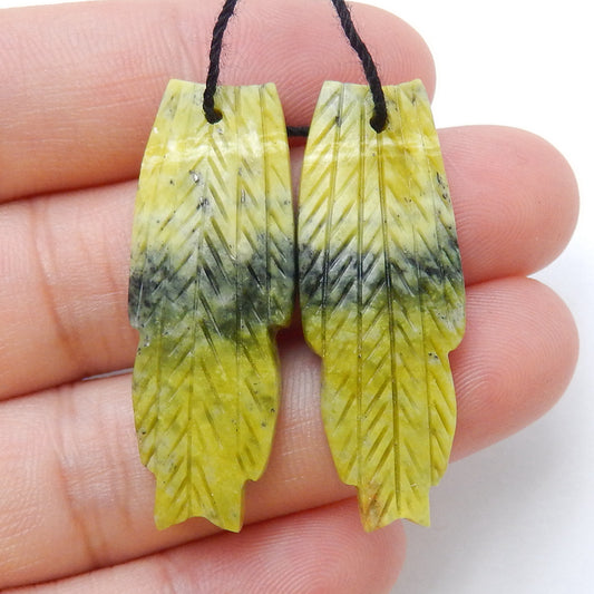 New!! Hand Carved Serpentine Feather Earrings,Natural Stone, 35x13x4mm,5.6g - MyGemGarden