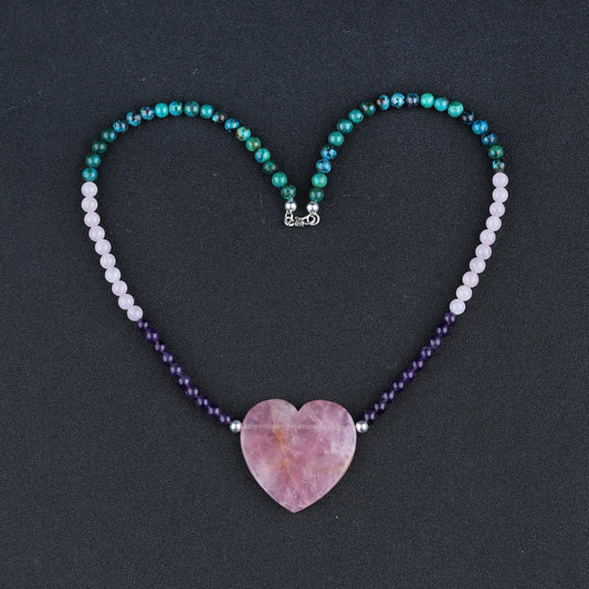 Natural Chrysocolla, Amethyst, Rose Quartz Beads for Necklace 1 Strand, 22 inch, 48g