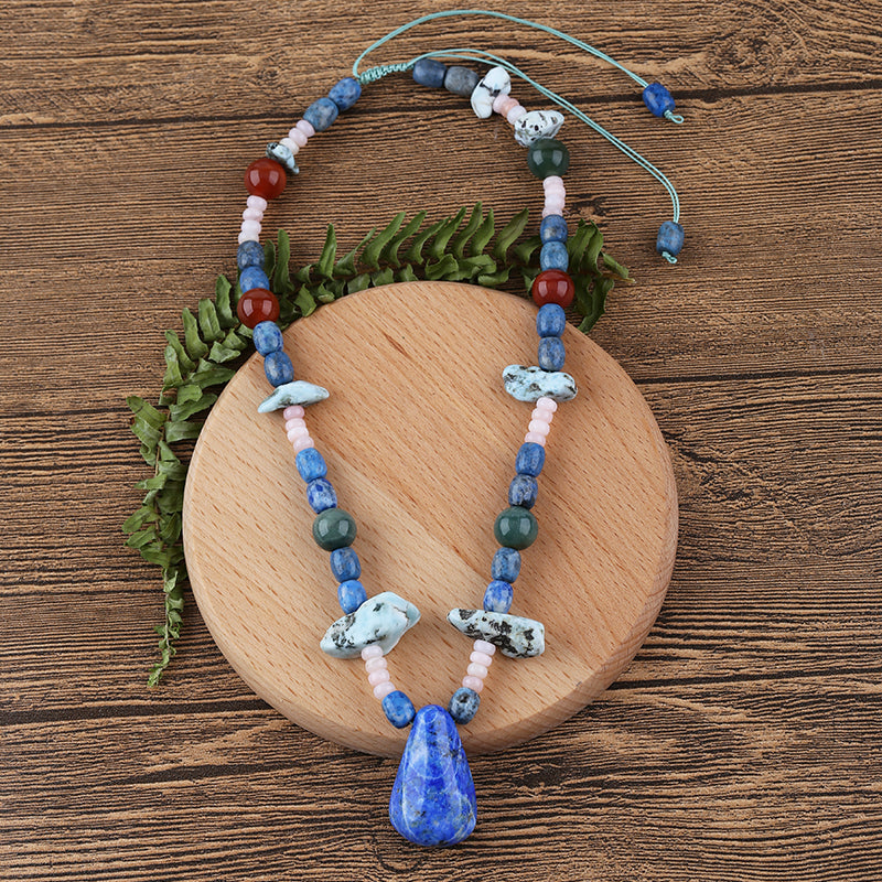 Lapis lazuill Gemstone Necklaces, containt Round Red Agate,pink opal,Larimar and Ocean Jasper Gemstone jewelly,45cm,90g