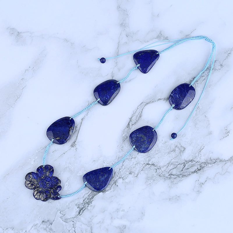 1 Strand Lapis Lazuli Gemstone Necklace, Flower Gemstone Pendant Necklace, Adjustable Necklace, 20-30 inch, 61g