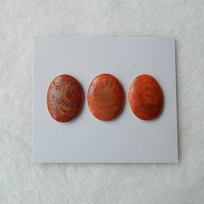 3pcs Red Coral Cabochon Pairs 19x14x3mm,20x15x4mm,3.1g - MyGemGarden