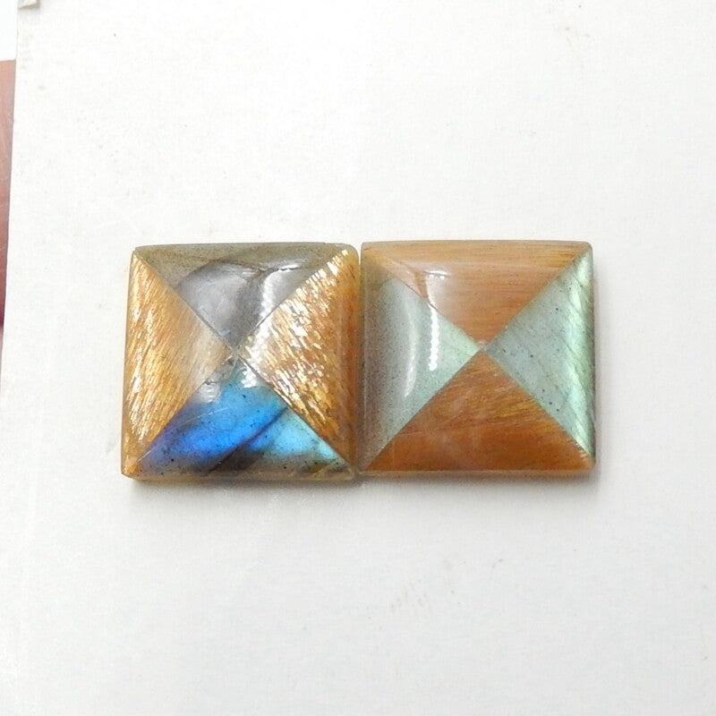 Natural Sunstone and Labradorite Glued Square Cabochons Pair, 12x4mm, 2.66g - MyGemGarden