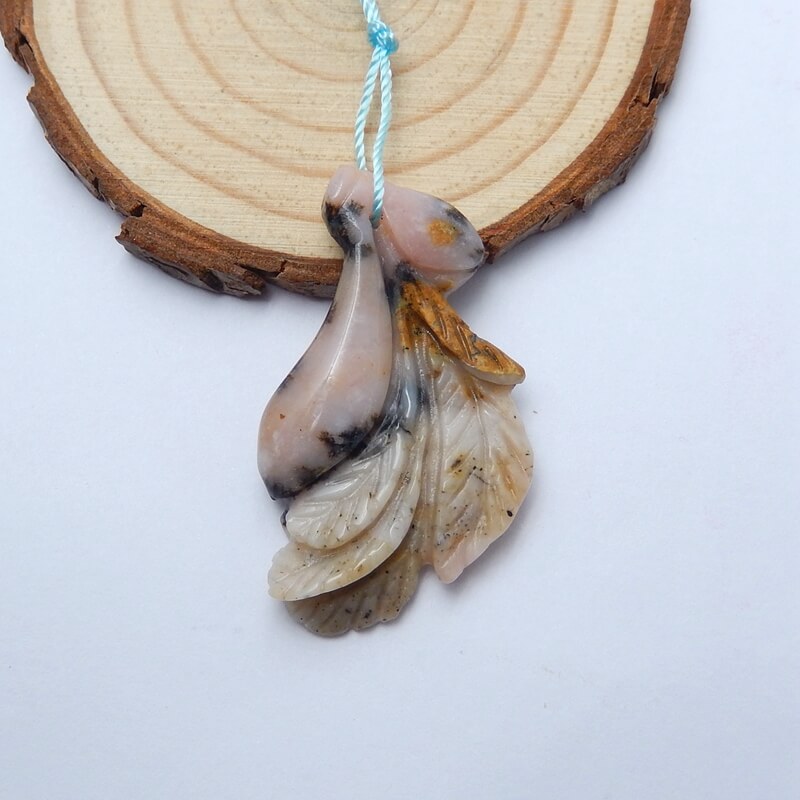 Handmade Pink Opal carved leaf Pendant Bead, 43x24x6mm, 5.3g - MyGemGarden