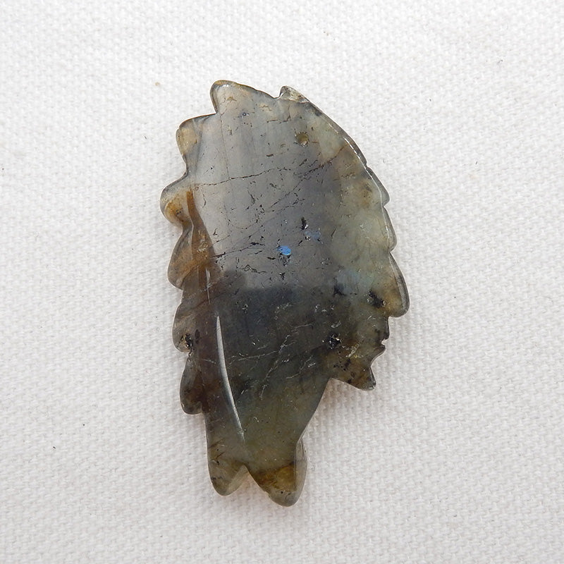Vintage Hand Carved Labradorite Gemstone Indian Head Pendant, 50x28x7mm, 13.6g