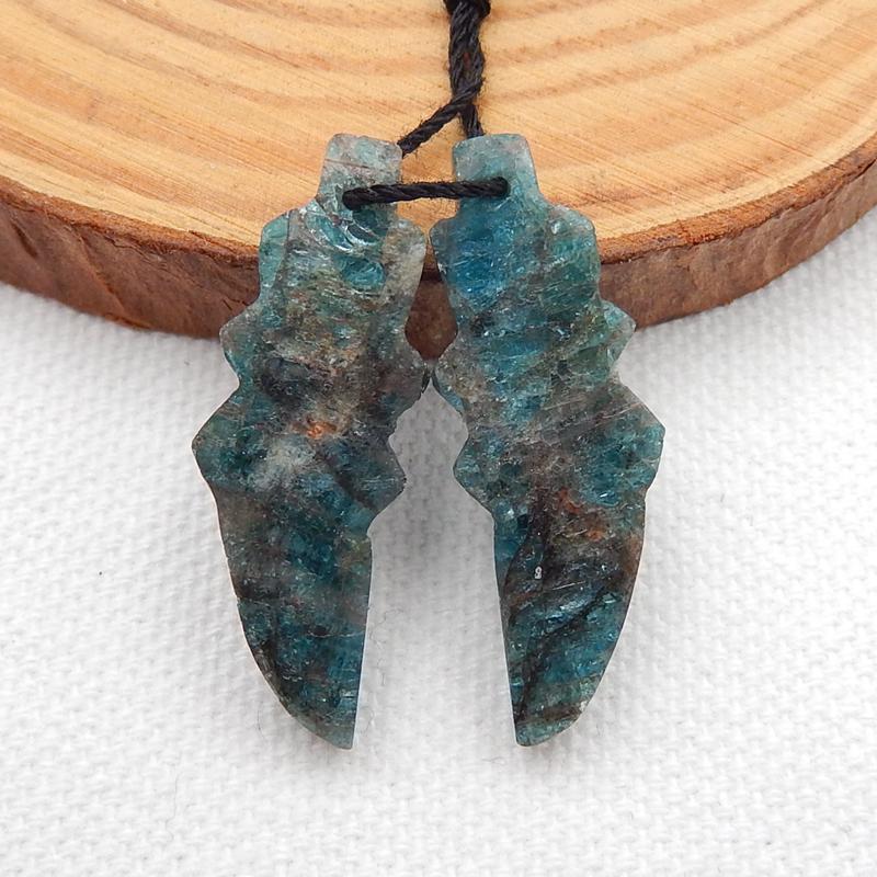 Carved Blue Apatite Crystal Leaf Earrings Stone Pair, 31x11x5mm, 5.7g