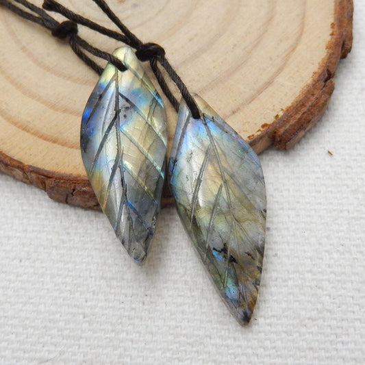 Hot sale Labradorite Carved leaf Earrings Pair, 29x12x4mm, 3.3g - MyGemGarden
