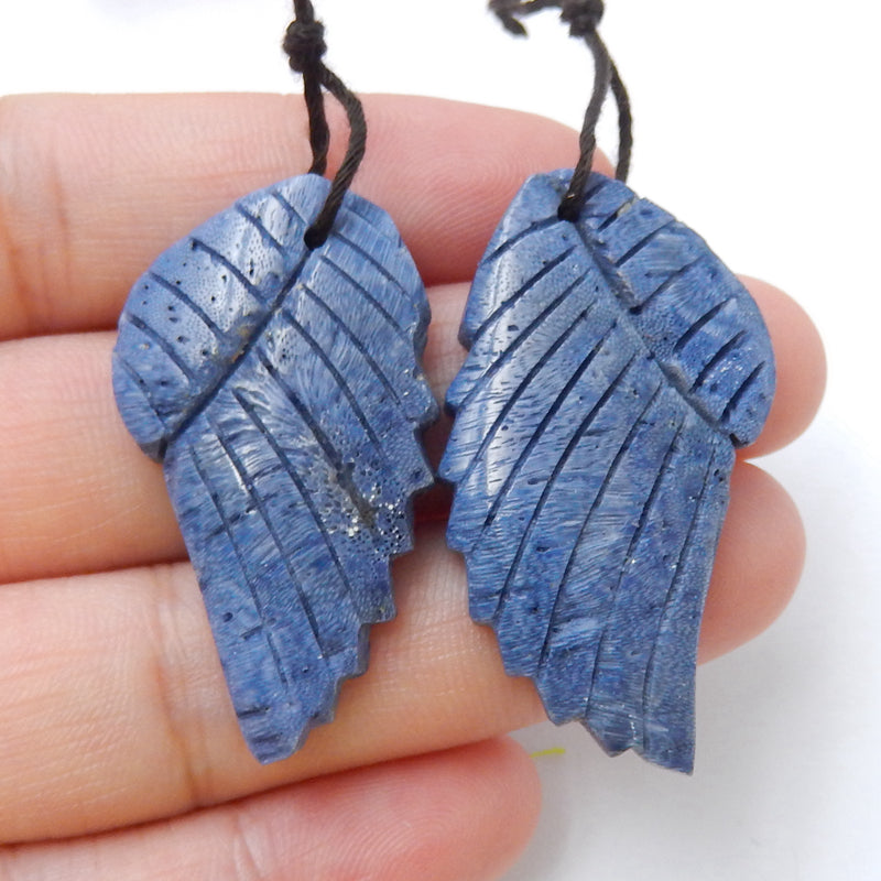Hand Carved blue coral Wing Earrings set.Earrings jewelry making, 33x20x5mm,9.7g - MyGemGarden