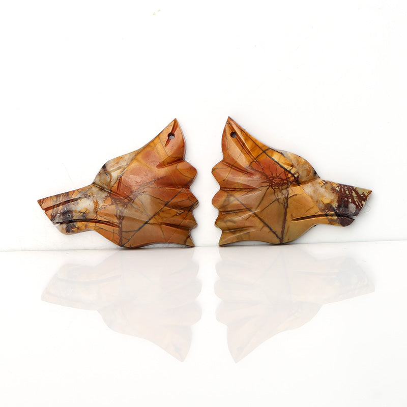Wolf Head Gemstone Carved Multicolor Picasso Jasper Drilled Earrings Stone Pair, 30x25x5mm, 8.3g