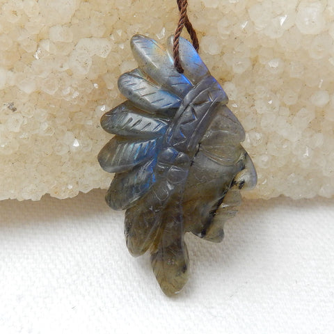 Carved Labradorite Gemstone Indian Head Pendant, 42x28x7mm, 7.7g - MyGemGarden