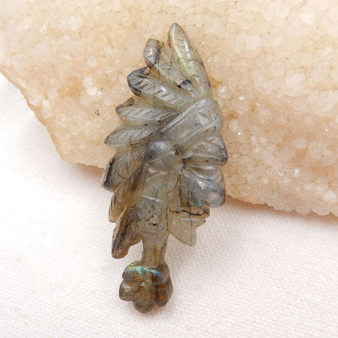 Vintage Hand Carved Labradorite Gemstone Indian Head Pendant , 67x30x8mm, 16.1g - MyGemGarden