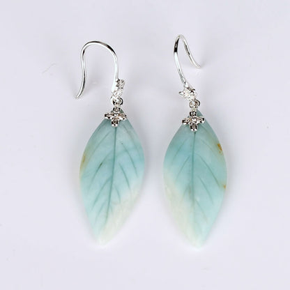 New Design Hot Sale Amazonite Carved leaf Earrings, 925 Sterling Silver Findings, 32x13x4mm, 5.8g - MyGemGarden