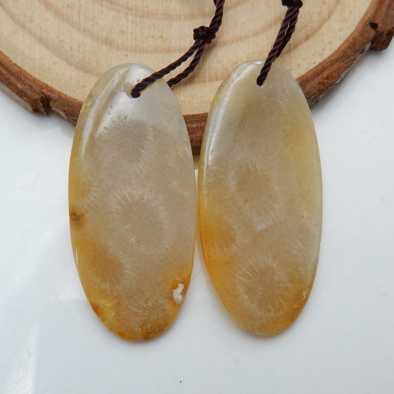 Natural Indonesian Fossil Coral Oval Earrings Pair, stone for Earrings making, 35x16x3mm, 6.5g - MyGemGarden