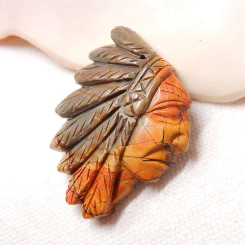 Carved Multi Color Picasso Jasper Gemstone Indian Head Pendant Bead, 47x35x8mm, 14.8g - MyGemGarden