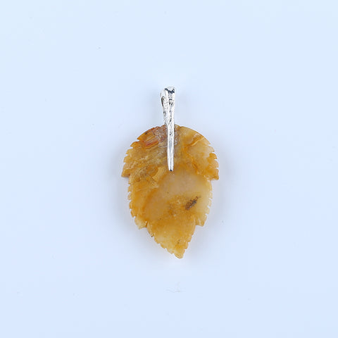 Natural Yellow Jade Carved Leaf Pendant with 925 Sterling Silver Accessory 47x27x6mm, 8.2g