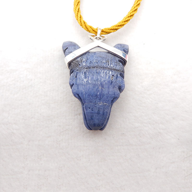 Natural Blue Coral Carved wolf head Pendant with 925 Sterling Silver 41x31x15mm, 20.4g