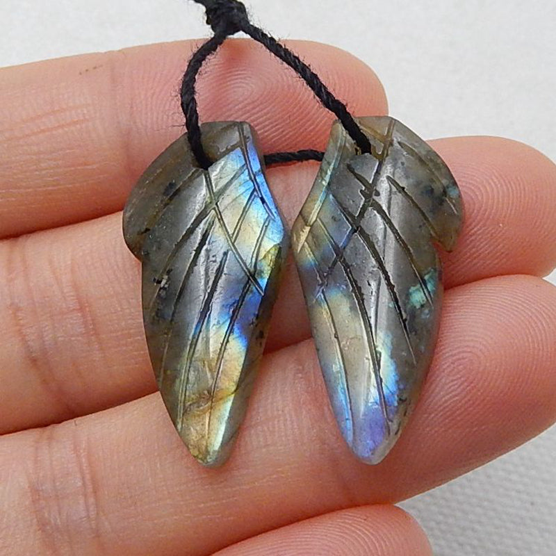 Labradorite Carved Wings Earrings Stone Pair, 27x13x4mm, 4.2g - MyGemGarden