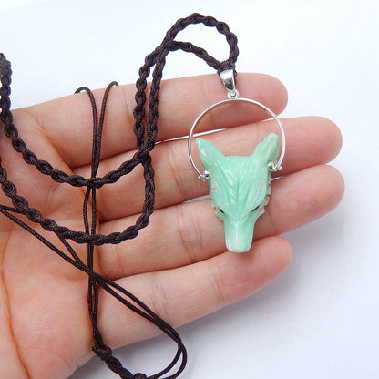 Handcraft Chrysoprase carved Wolf Head Pendants, 925 Sterling Silver Pinch Bail, 28x20x9mm, 6.2g - MyGemGarden