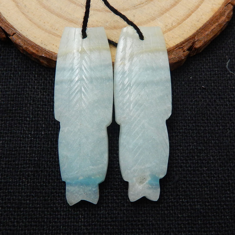 Amazonite Carved Feather Shaped Earrings Stone Pair, 37x12x4mm, 6.4g - MyGemGarden