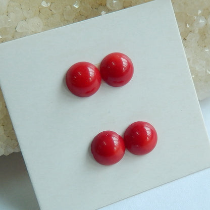 4 pcs Red Coral 7mm round cabochons, 7x7x3mm, 1.6g - MyGemGarden