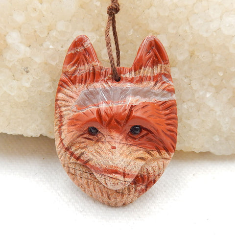 Carved Wolf head Red River Jasper Gemstone Pendant, 39x28x12mm, 14g - MyGemGarden
