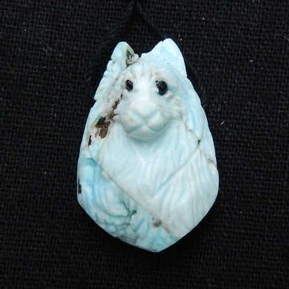 Unique larimar Handmade carved wolf head pendant bead, 34x21x17mm, 11.6g - MyGemGarden