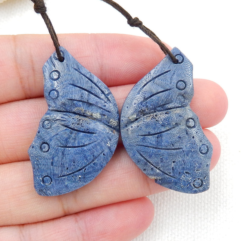 Carved Blue Coral butterfly Earrings,Natural Stone,DIY Jewelry Making, 37x21x5mm,9.1g - MyGemGarden
