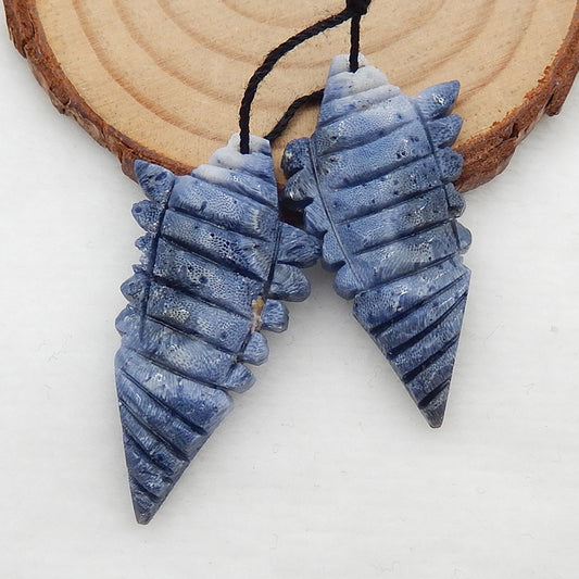 Carved Shell Shaped Blue Coral Earrings Stone Pair, 39x21x5mm, 6.3g