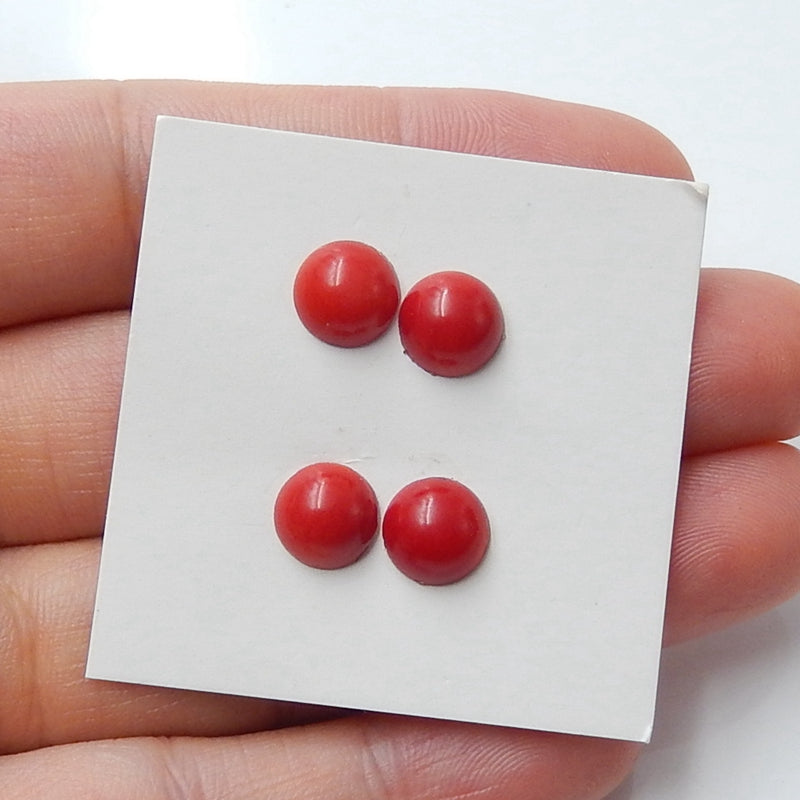 4 pcs Red Coral 7mm round cabochons, 7x7x4mm, 1.6g - MyGemGarden