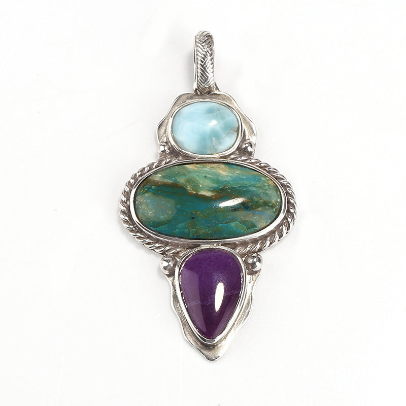 Sterling Silver 925 With Blue opal, Sugilite and larimar Gemstone Pendant, Gorgeous Pendant, 10.6g - MyGemGarden