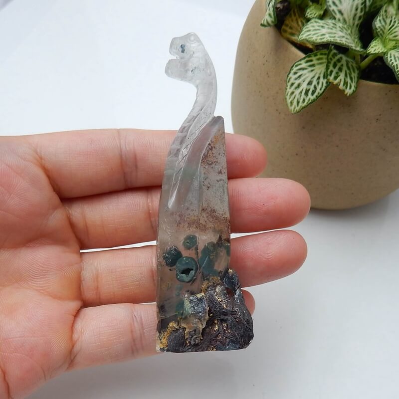 New Arrival ghost quartz hand carved snake Cabochon, Animal Gemstone Decoration, 83x25x22mm, 42.6g - MyGemGarden