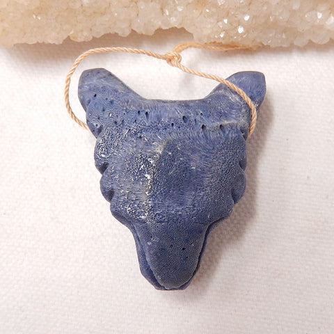 Carved Wolf Head Blue Coral Gemstone Pendant , 47x37x18mm, 27g - MyGemGarden