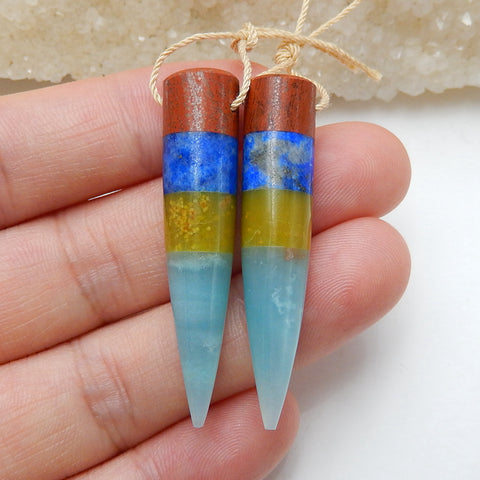 Red River Jasper, Lapis Lazuli, Yellow opal and Amazonite Glued Gemstone Earrings Pair, 41x8mm, 9.1g - MyGemGarden