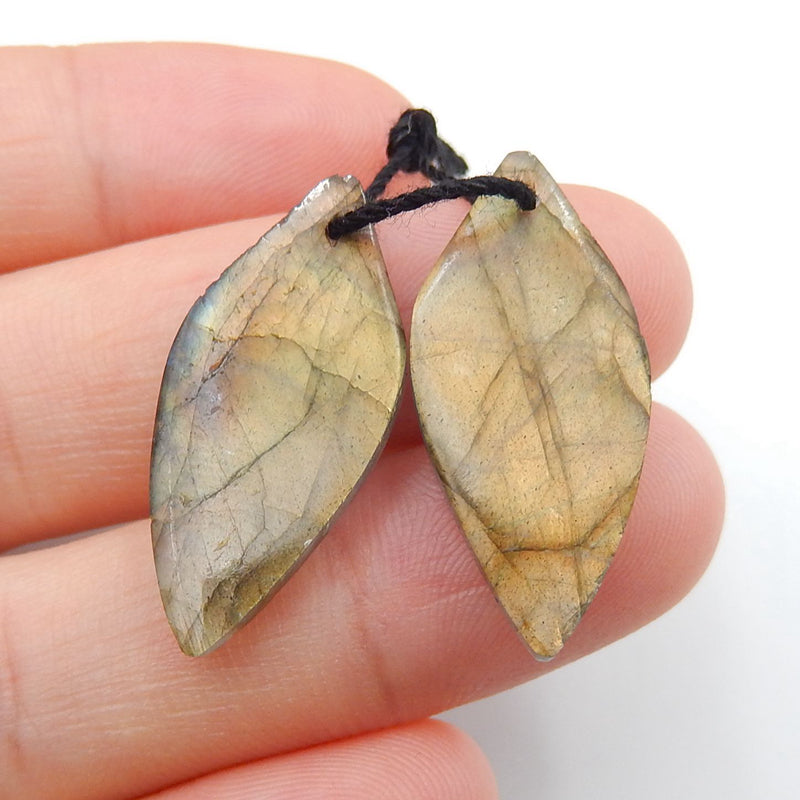 Labradorite Carved Leaf Earrings Stone Pair, 26x12x4mm, 3.8g - MyGemGarden