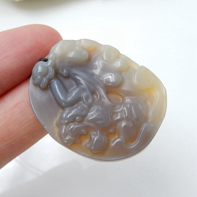 Handmade Agate Carving Tiger and Woman Gemstone Pendant Bead, 33x27x6mm, 9.1g - MyGemGarden