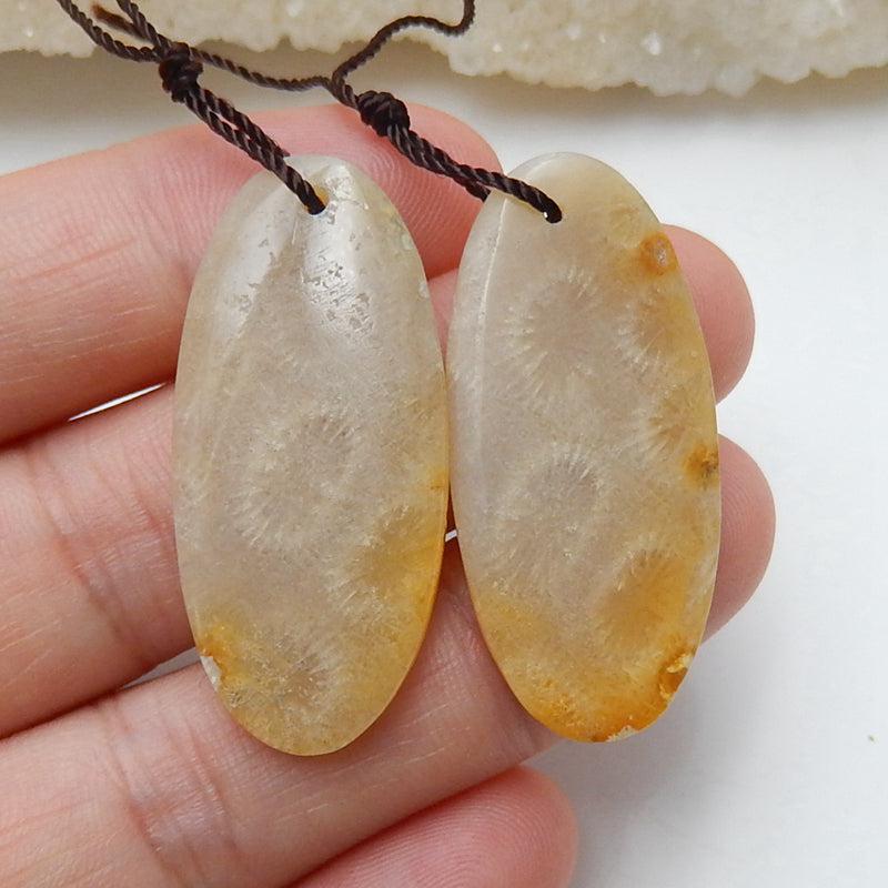 Natural Indonesian Fossil Coral Oval Earrings Pair, stone for Earrings making, 35x16x3mm, 6.5g - MyGemGarden