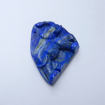Handmade Lapis Lazuli Carved Elephant Pendant Bead, 52x52x11mm, , 56.7g - MyGemGarden