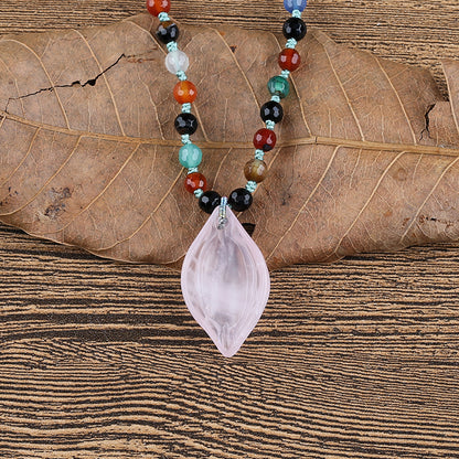 Agate Faceted Gemstone With Silver Beads Necklace, Rose Quartz Pendant, Handmade Jewelry, 1 Strand, 22 inch, 29.3g